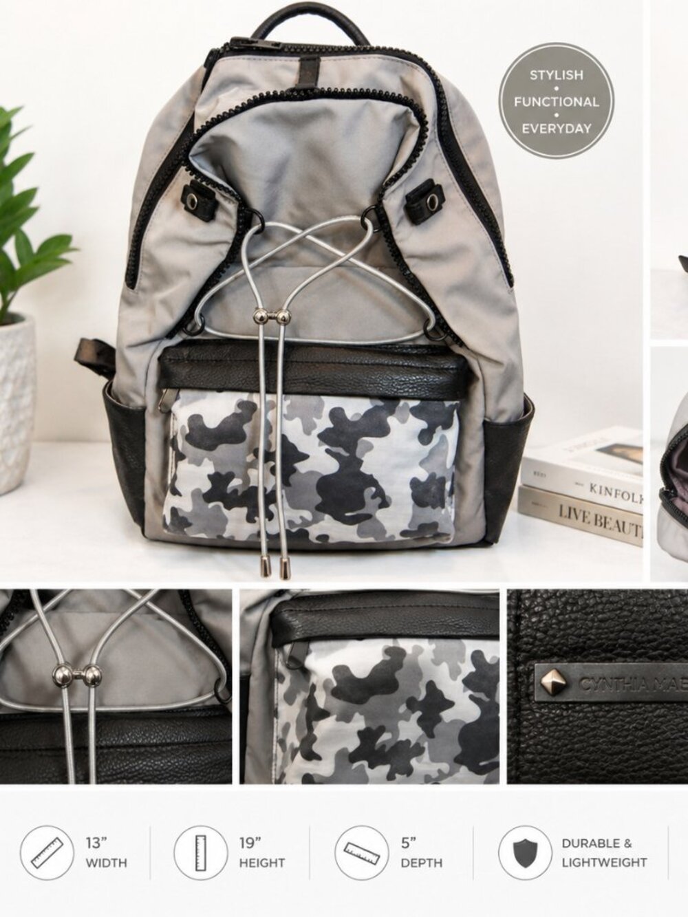 Cynthia Mae Gray Camo Backpack Faux Leather Trim Travel Laptop School Bag